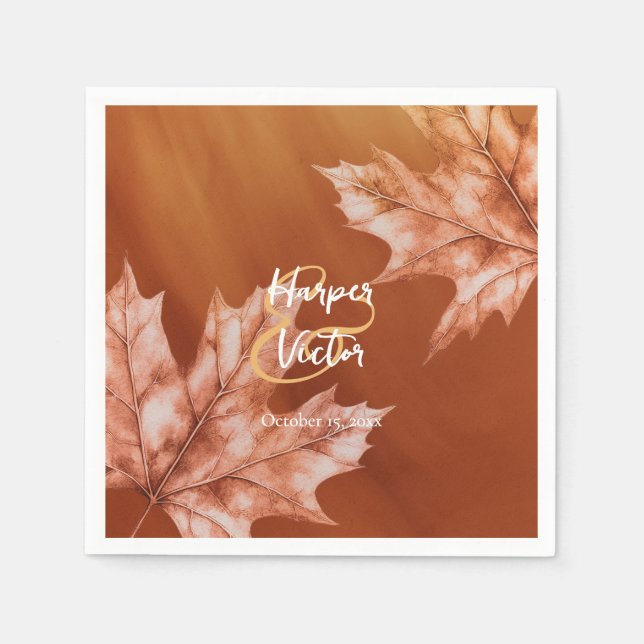 burnt orange maple leaves accent fall wedding napkins (Front)