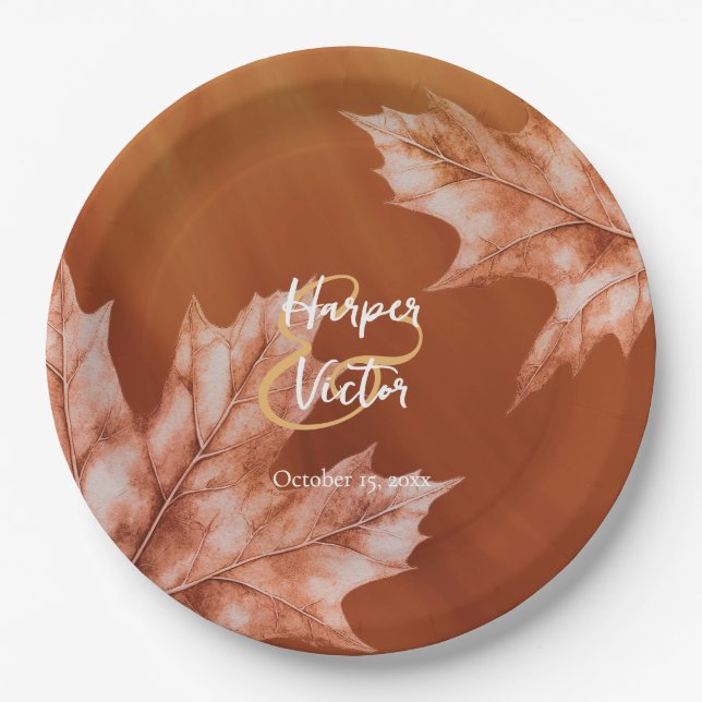 burnt orange maple leaves accent fall wedding paper plates (Front)