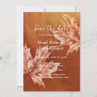 burnt orange maple leaves fall wedding save the date