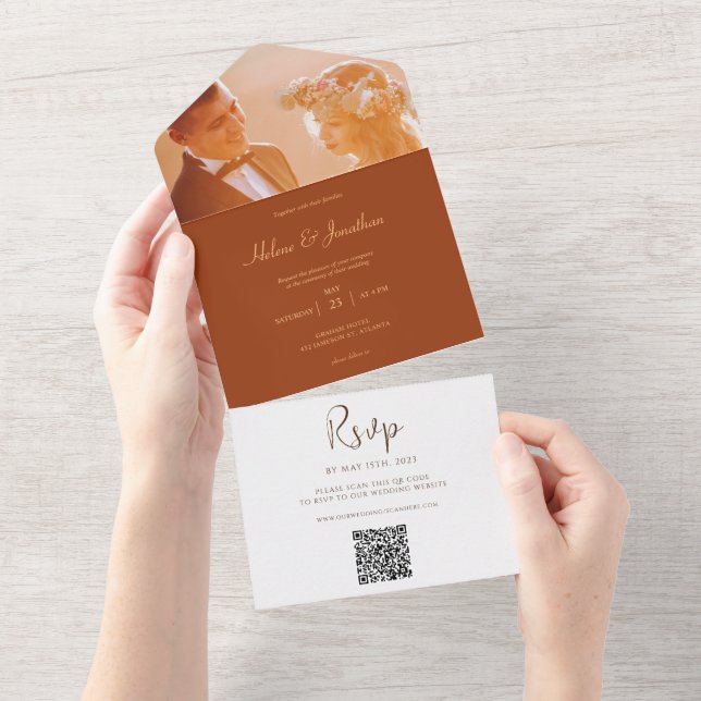 Burnt Orange Minimal Photo Wedding QR Code All In One Invitation (Tearaway)