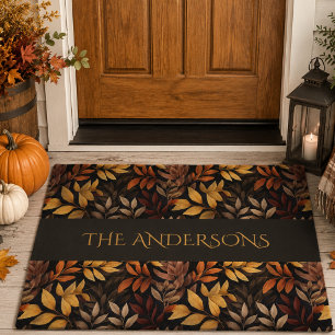 Burnt Orange Mocha Brown Autumn Leaves Family Name Doormat