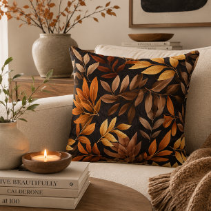 Burnt Orange Mocha Brown Elegant Autumn Leaves Throw Pillow