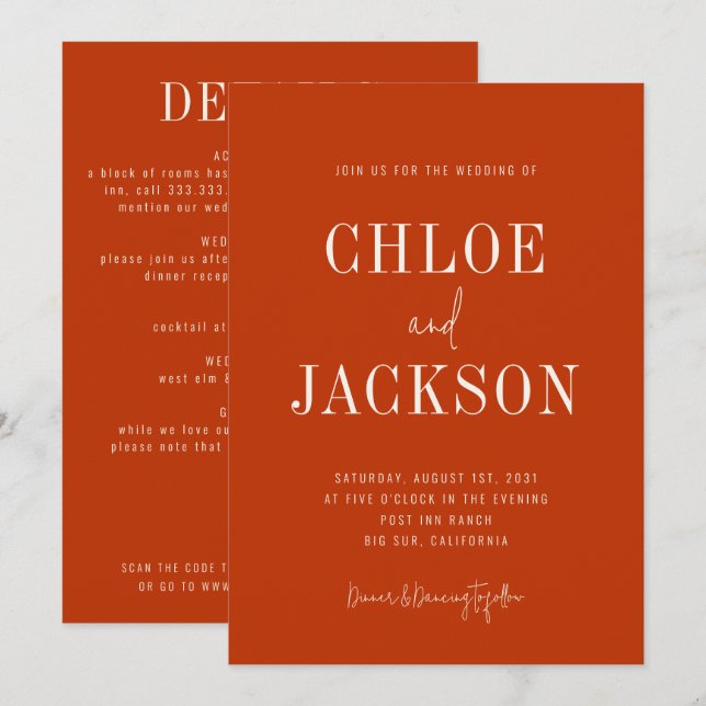 Burnt Orange Modern Bold Custom All-in-one Wedding Invitation (Front/Back)