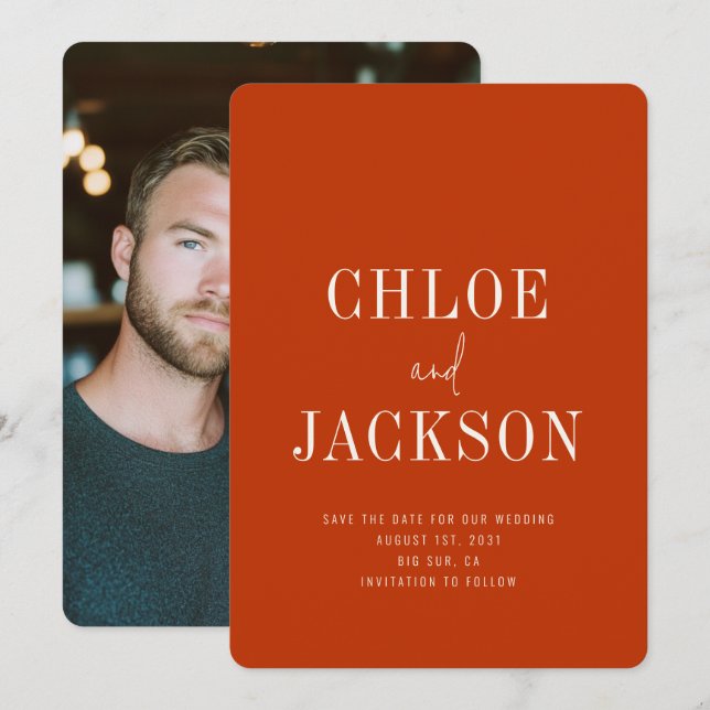 Burnt Orange Modern Bold Photo Wedding Save The Date (Front/Back)