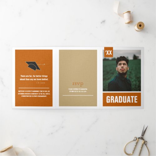 Burnt Orange Modern Textured Photo Graduation Tri_Fold Invitation