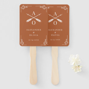 Burnt Orange Monogram and Arrows Wedding Favor Hand Fan