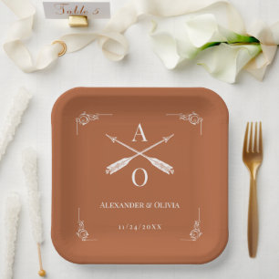 Burnt Orange Monogram and Arrows Wedding Paper Plates