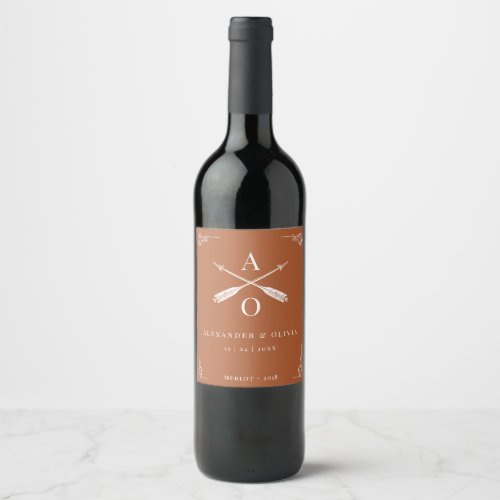 Burnt Orange Monogram and Arrows Wedding Wine Label