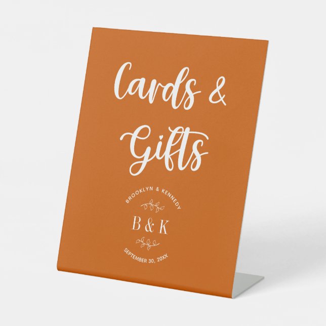 Burnt Orange Monogram Floral Wedding Cards & Gifts Pedestal Sign (Front)