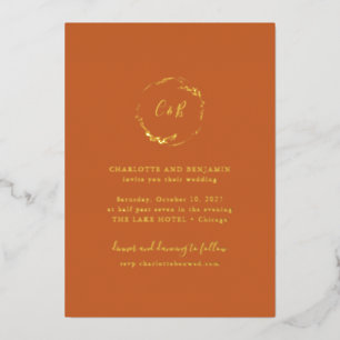 Burnt Orange Monogram Floral Wreath Script Wedding Foil Invitation