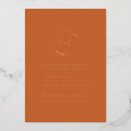 Burnt Orange Monogram Floral Wreath Script Wedding Foil Invitation