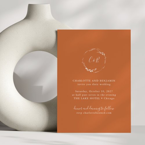 Burnt Orange Monogram Floral Wreath Script Wedding Invitation