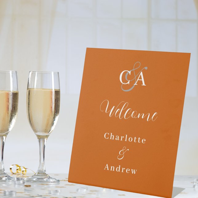 Burnt orange monogram modern wedding welcome pedestal sign (Creator Uploaded)