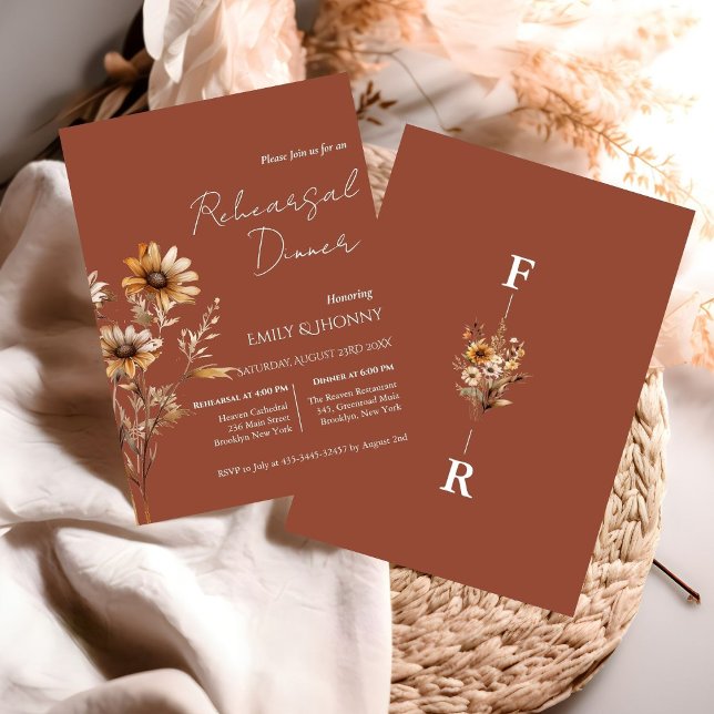 Burnt Orange Monogram Wildflower Rehearsal Dinner Invitation (Creator Uploaded)