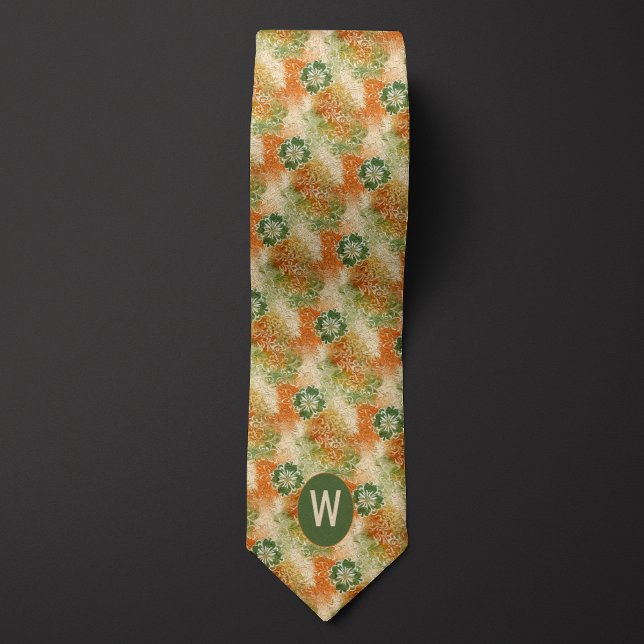 Burnt Orange, Moss Green Abstract Floral Monogram Neck Tie (Creator Uploaded)