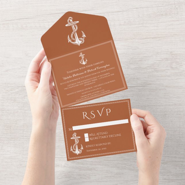 Burnt Orange Nautical Anchor All In One Invitation (Tearaway)
