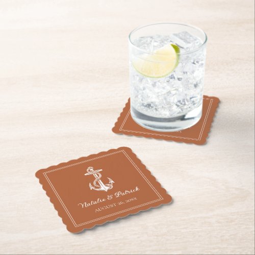 Burnt Orange Nautical Anchor Wedding Paper Coaster