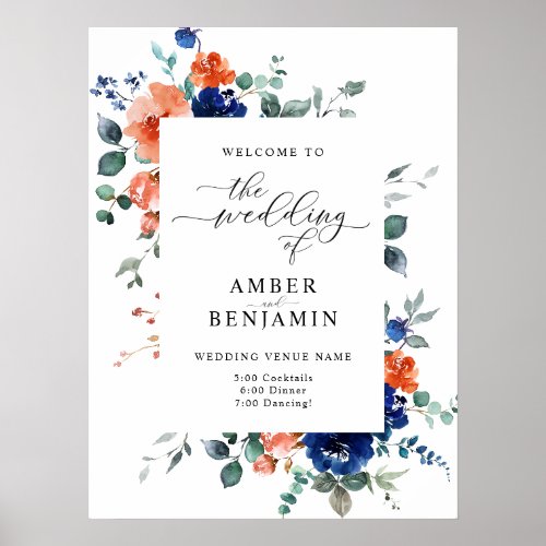 Burnt Orange Navy Blue Floral Wedding Welcome Poster