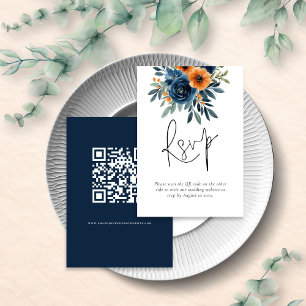 Burnt Orange Navy Blue Florals QR Code Wedding RSVP Card