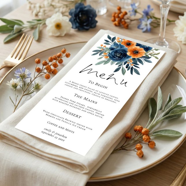 Burnt Orange Navy Blue Florals Wedding Menu (Creator Uploaded)