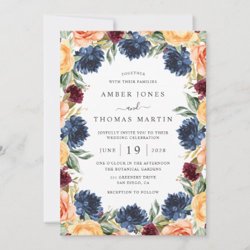 Burnt Orange Navy Burgundy Floral Wedding  Invitation