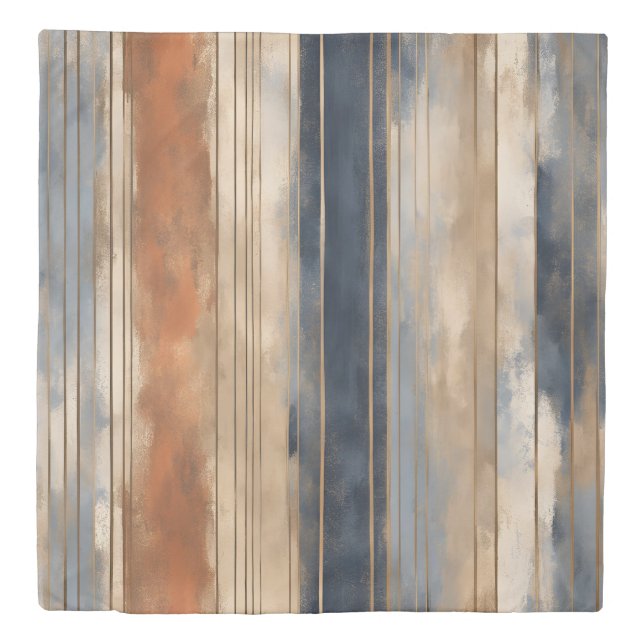 Burnt Orange Navy Dusty Blue Distressed Stripe Duvet Cover (Front)