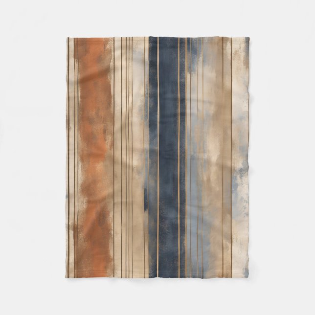 Burnt Orange Navy Dusty Blue Distressed Stripe Fleece Blanket (Front)