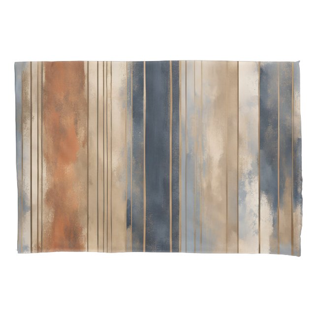 Burnt Orange Navy Dusty Blue Distressed Stripe Pillow Case (Front-Left)