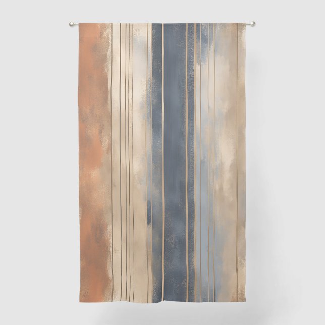 Burnt Orange Navy Dusty Blue Distressed Stripe Sheer Curtains (Front)
