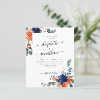 Burnt Orange Navy Floral Budget Wedding Invitation