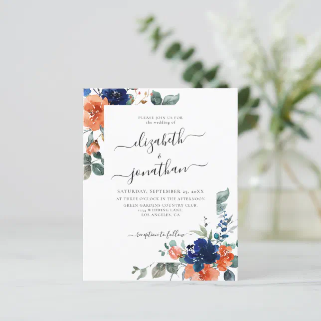 Burnt Orange Navy Floral Budget Wedding Invitation | Zazzle