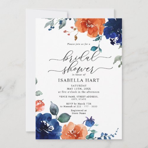 Burnt Orange Navy Floral Watercolor Bridal Shower Invitation