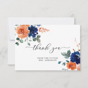 Burnt Orange Navy Floral Watercolor Bridal Shower Thank You Card