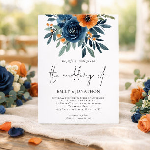 Burnt Orange Navy Florals QR Code Wedding Invitation
