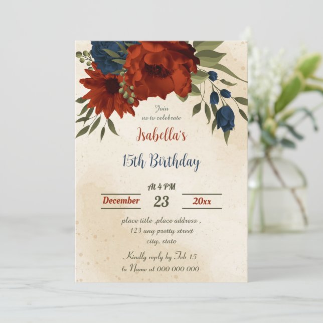 burnt orange navy flowers botanical birthday invitation (Standing Front)