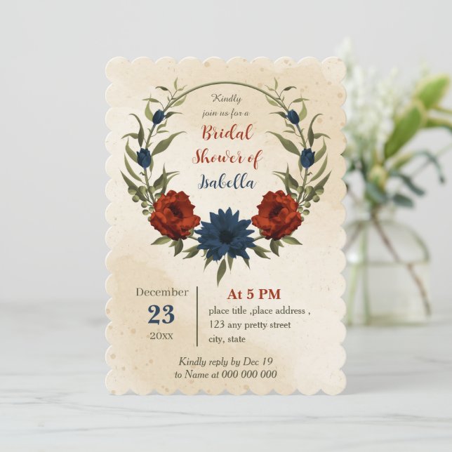 burnt orange navy flowers botanical bridal shower invitation (Standing Front)