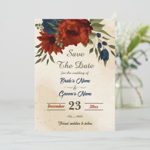 burnt orange navy flowers botanical save the date