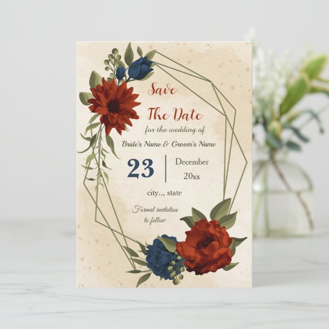 burnt orange navy flowers botanical save the date (Standing Front)