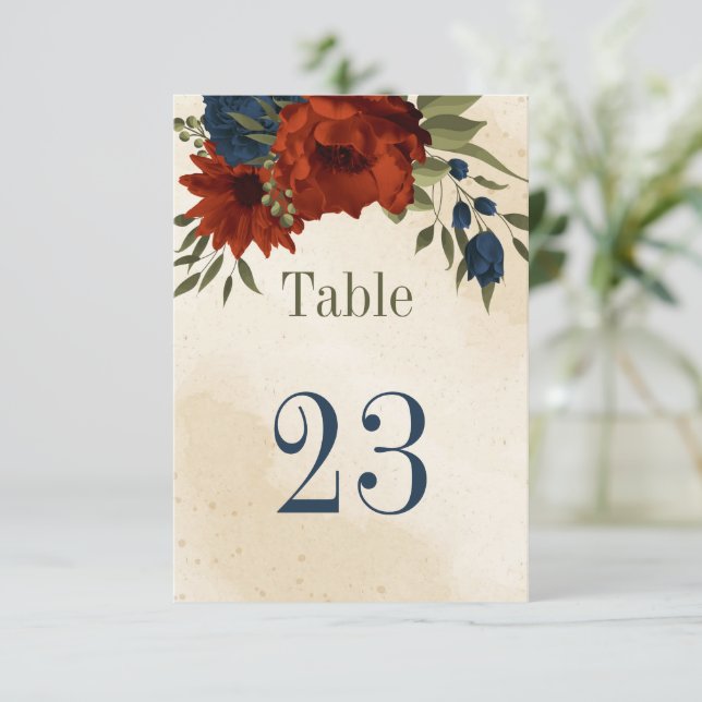 burnt orange navy flowers botanical table number (Standing Front)