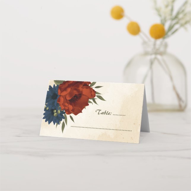burnt orange navy flowers botanical wedding place card (Front)