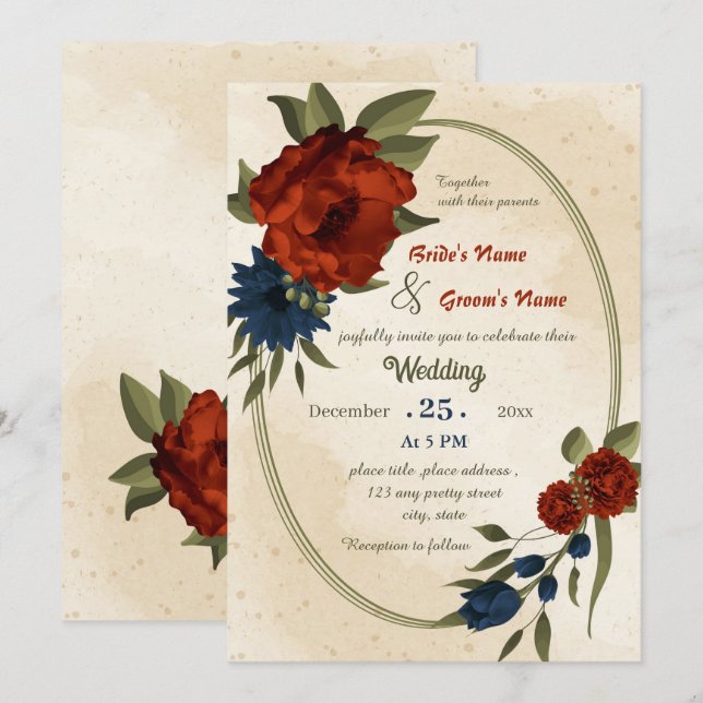 burnt orange navy flowers geometric wedding  invitation (Front/Back)