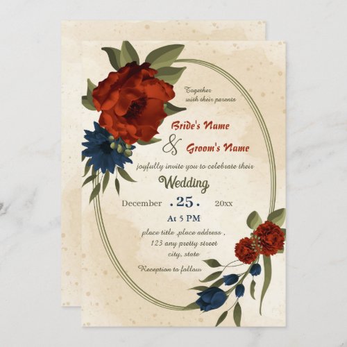 burnt orange navy flowers geometric wedding  invitation