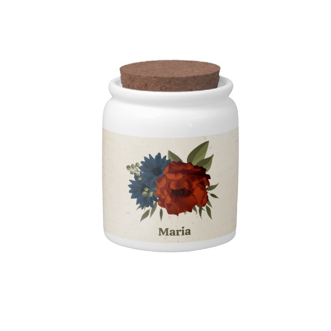 burnt orange & navy flowers greenery candy jar (Front)