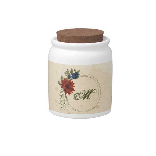 burnt orange & navy flowers greenery candy jar (Front)