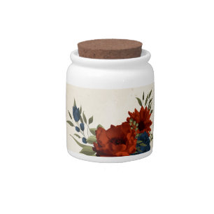 burnt orange & navy flowers greenery candy jar
