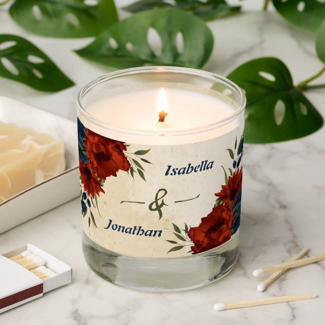 burnt orange & navy flowers greenery wedding scented candle (Lit)