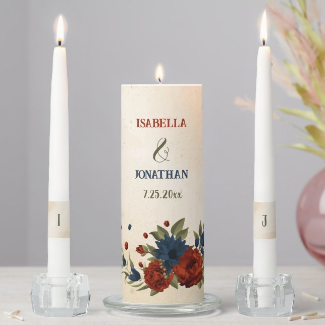 burnt orange & navy flowers greenery wedding unity candle set (In Situ)