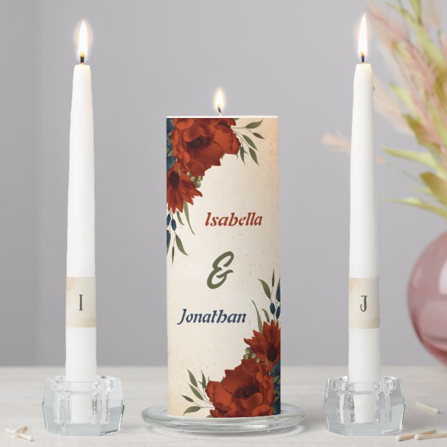 burnt orange & navy flowers greenery wedding unity candle set (In Situ)