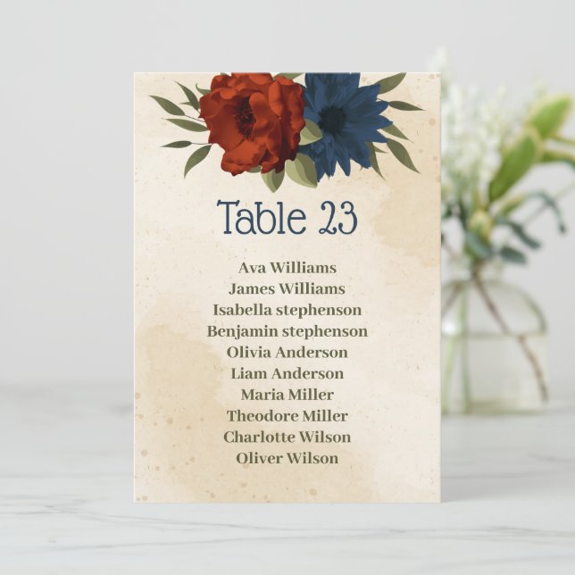 burnt orange navy flowers seating chart card (Standing Front)