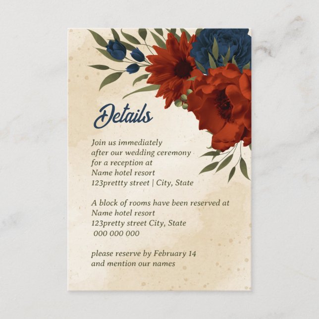 burnt orange navy flowers wedding enclosure card (Front)
